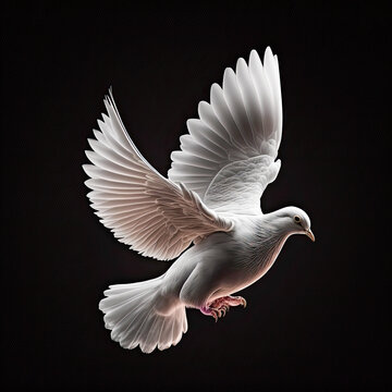 Beautiful white dove isolated on black background.