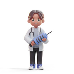 3d character of a doctor or dentist in the medical world with a stethoscope in a standing pose carrying a medical vaccine injection isolated