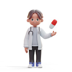 3d character of a doctor or dentist in the medical world with a stethoscope in a standing pose carrying medicine capsule isolated - obrazy, fototapety, plakaty