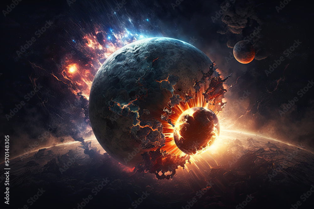 Wall mural explosion of a planet in outer space from a collision with a meteorite. concept of catastrophe catac