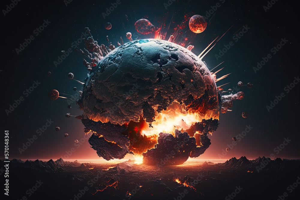 Wall mural explosion of a planet in outer space from a collision with a meteorite. concept of catastrophe catac