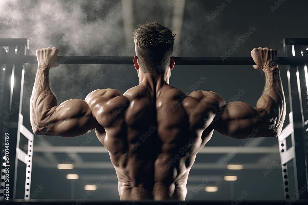 Wall mural muscular back of a male athlete bodybuilder exercising in the gym. generative ai