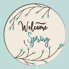 Postcard with the inscription welcome spring on light pink background with beautiful blue spring flowers.