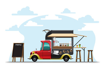Fototapeta premium The food truck side view menu coffee wooden chair vector