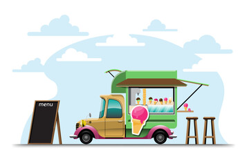 The food truck side view with ice cream counter