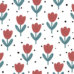 Seamless tulip pattern with red tulip and black dots on green background 