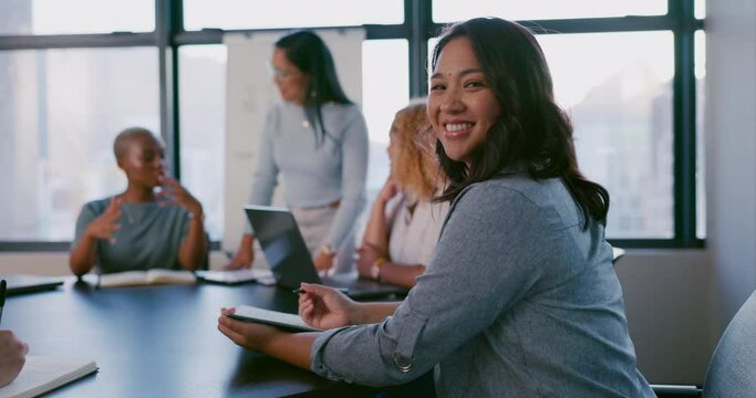 Business meeting, portrait and woman writing with team for planning, strategy and marketing idea in office. Design, collaboration and face of designer with notes for group project, vision and mission