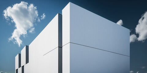 Large white building walls against a blue sky and white clouds. modern building design. minimalist style. Generative AI