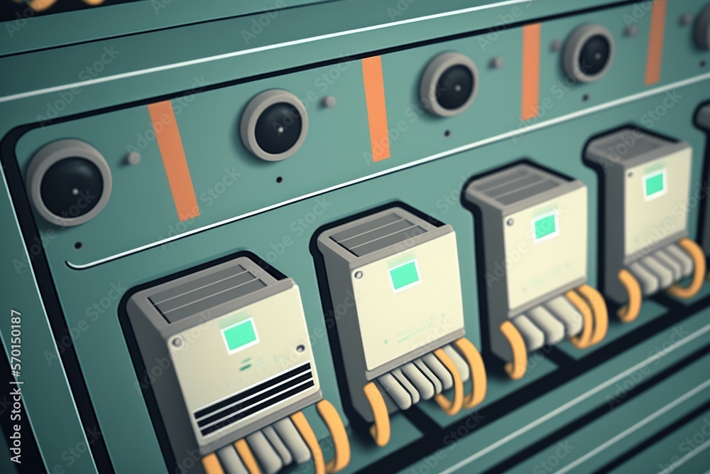 Poster row of hard drive slots on a computer server with a cool tone depth of field. generative ai