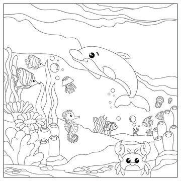 Vector illustration with dolphin, algae, sea horse and sea floor. Cute square page coloring book for children. Simple funny kid's drawing. Black lines, sketch on a white background.