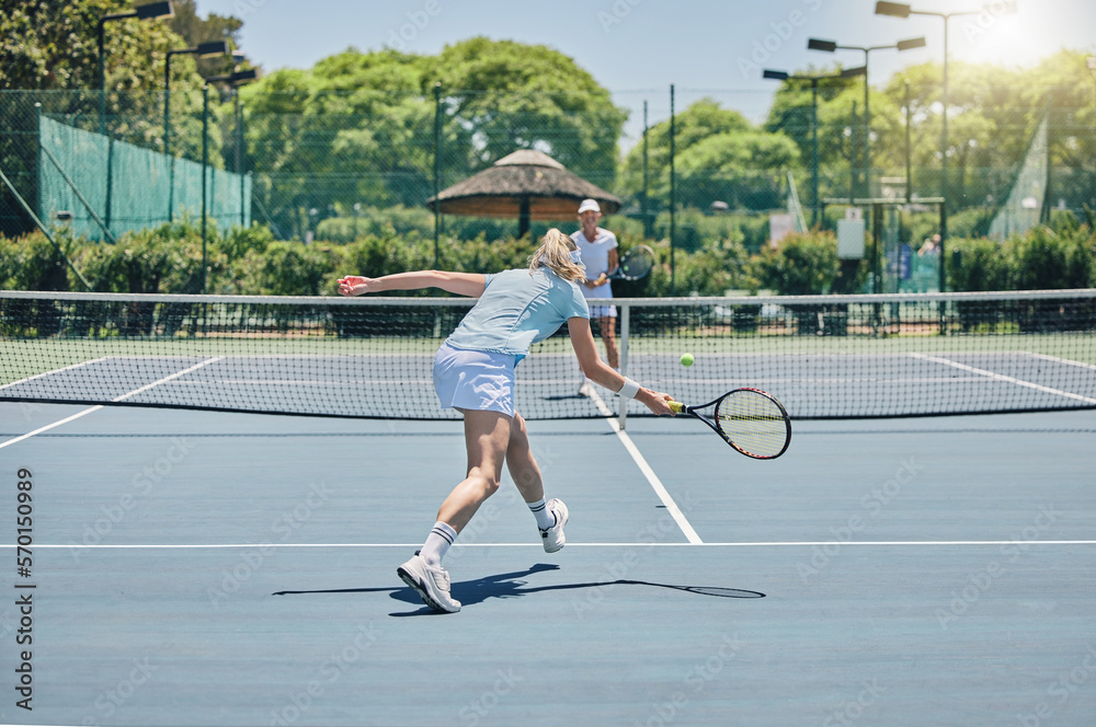 Poster Sports, tennis and women playing a match for workout, fun or training on an outdoor court. Fitness, athletes and healthy girls practicing or doing a exercise for a game or competition at a stadium.