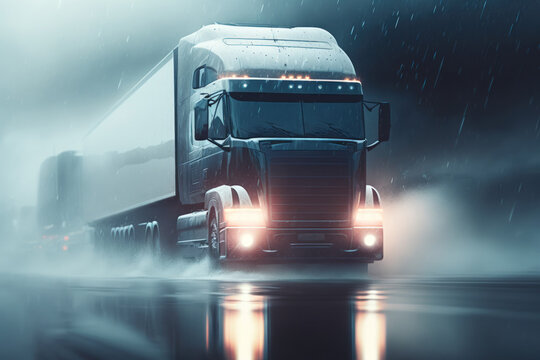 Close Up Of Truck Bottom Moving Through Fog Or Rain On Wet Road. Under The Wheels Of The Car, Water Sprays Out. Highway Visibility Is Poor. Selective Attention. Generative AI