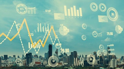 Business data analytic interface fly over smart city showing alteration future of business...