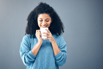 Coffee cup and black woman isolated on wall background for ideas, thinking and creative inspiration...