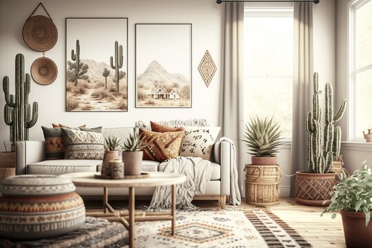 Bright boho interior style living room with pictures on the wall, sofa, coffee table and many decorations