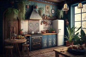 Colorful boho interior style kitchen with cabinet and fridge