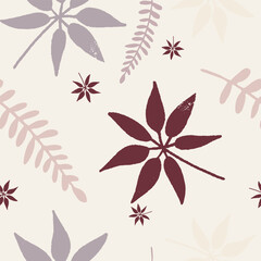 Seamless pattern with abstract blooming pink flowers and leaves illustration on a delicate background, floral print for fabric, wallpaper or wrapping paper.