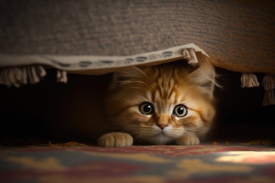 Cute little ginger kitten got scared and hides under the bed. Generative AI