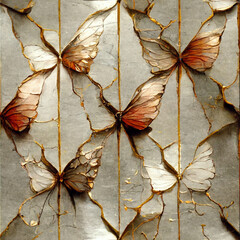 Seamless kintsugi butterfly pattern, repeating textured silver and rose gold background, sophisticated japanese wallpaper, generative ai