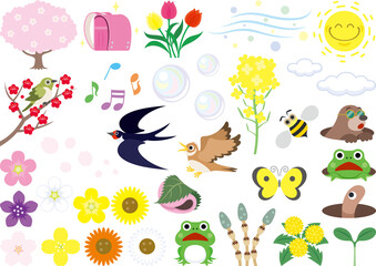シンプルでカラフルな春のアイテムイラストセット