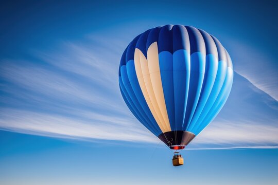 Flying in a clear blue sky is a blue air balloon. superior photograph. Generative AI