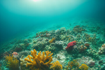 Fototapeta na wymiar Wallpaper of coral reef underwater landscape. generative ai
