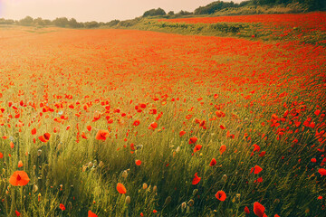Fototapeta na wymiar Wallpaper of poppy field landscape. Generative ai