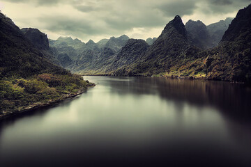 Fototapeta premium Wallpaper of beautiful river and mountain landscape. Generative ai