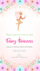 Fairy birthday party invitation template. Gold sparkling silhouette of a cute little pixie on a beautiful floral background. Can be used for web, social networks and stories. Vector 10 EPS.