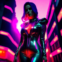 Fototapeta na wymiar cyberpunk future woman in rubber latex suit with neon light, generative art by A.I.