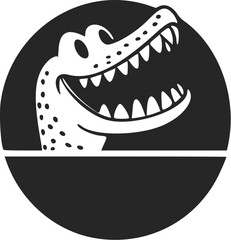 Black and white Simple logo with an adorable Cheerful crocodile.