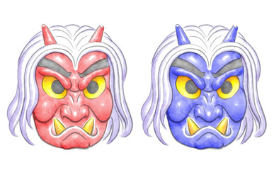 Oni mask watercolor illustrations isolated on transparent background