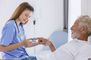 Nurse doctor working at home care medical checkup using fingertip pause oximeter measures blood...