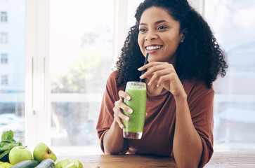 Thinking, mockup and smoothie with a black woman drinking a health beverage for a weight loss diet...