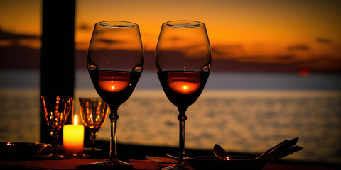Fototapeta na wymiar Romantic dinner on the beach. Wine two glass, dinner, honeymoon. Post-processed generative AI