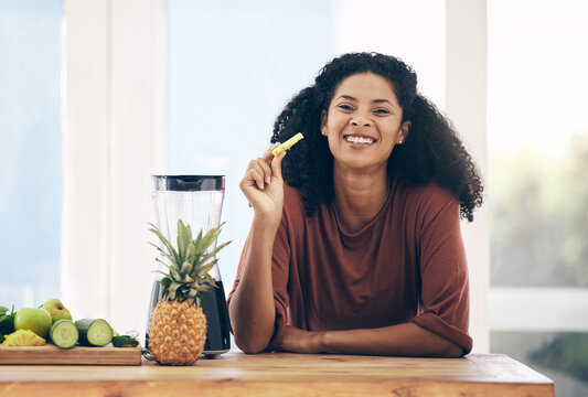 Fruit, smoothie and portrait of black woman with a blender in the kitchen for breakfast, detox and diet. Face, nutritionist and lady with fresh, weight loss and healthy, raw and ingredients on mockup