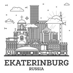 Obraz premium Outline Yekaterinburg Russia City Skyline with Modern Buildings Isolated on White. Yekaterinburg Cityscape with Landmarks.