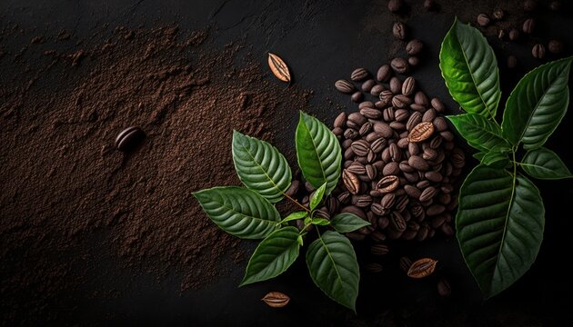 Coffee beans on black table. Top view.