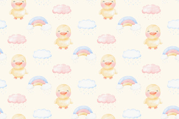 Cute Elephant and duck in raining day background patterns