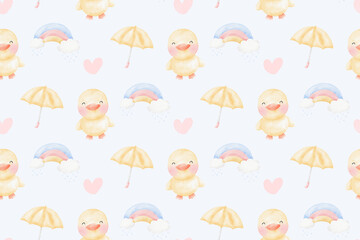 Cute Elephant and duck in raining day background patterns
