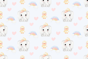 Cute Elephant and duck in raining day background patterns