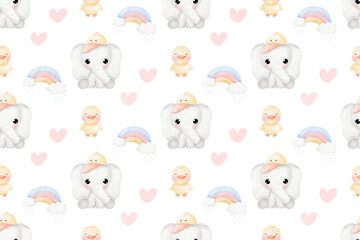 Cute Elephant and duck in raining day background patterns