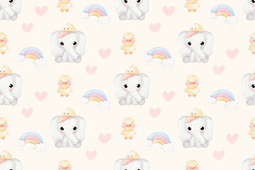 Cute Elephant and duck in raining day background patterns