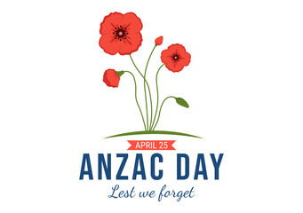 Anzac Day of Lest We Forget Illustration with Remembrance Soldier Paying Respect and Red Poppy Flower in Flat Hand Drawn for Landing Page Templates
