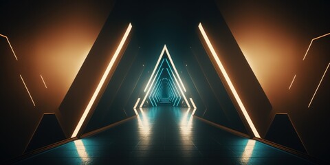 Fototapeta premium Spaceship corridor in the shape of a triangle. futuristic light filled tunnel futuristic corporate, scientific, and interior backgrounds. Generative AI