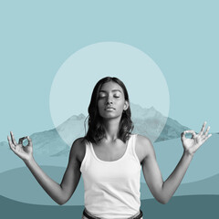 Zen, meditation and woman on poster, mountain on blue background and lotus pose in balance. Art,...