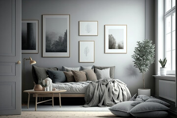 Blank white picture frames on the walls with Minimal decor interior design - Generative AI