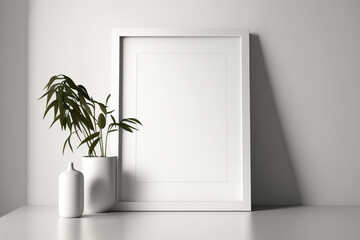 Clean and Simple Atmosphere of a Minimalist Interior with a Blank white Photo Frame - Generative AI
