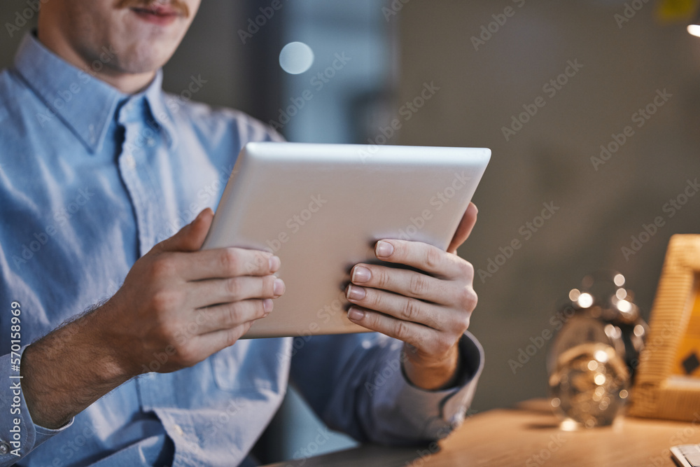 Poster Hands, tablet and office with businessman in night for web design, planning and development of app. Developer, mobile touchscreen and innovation for software, website ux and dark blurred background