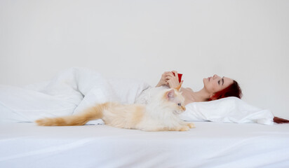 Portrait of an attractive, contented, young, sexy red-haired woman lying relaxed in white bed enjoys her coffee in a red cup and her cat lies beside her